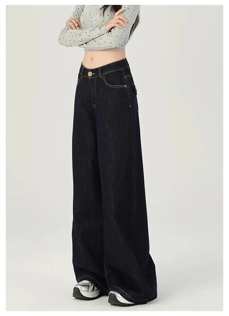 Women Dark Blue Retro Wide Leg Jeans High Waist Loose Slimming — feature 7