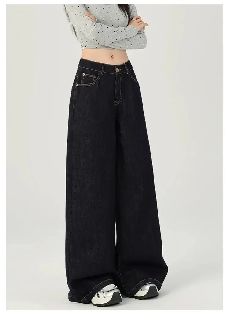 Women Dark Blue Retro Wide Leg Jeans High Waist Loose Slimming — feature 8