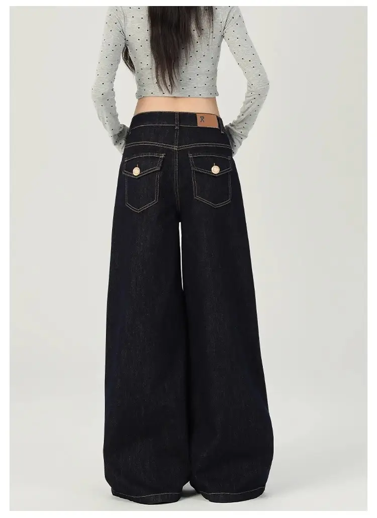 Women Dark Blue Retro Wide Leg Jeans High Waist Loose Slimming — feature 9