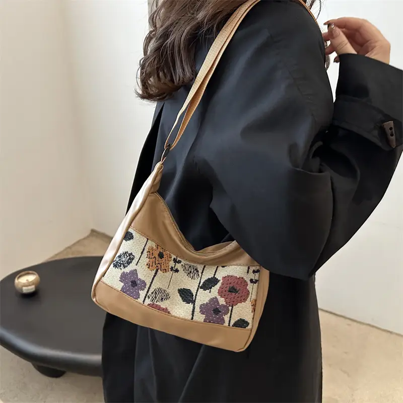 Women's Floral Embroidered Shoulder Bag Brown 2024 - Image 7