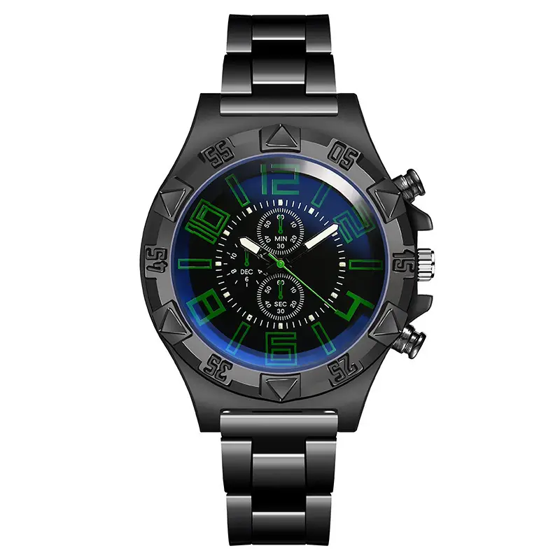 Men's Black Steel Chronograph Watch with Blue Light Dial - Image 2