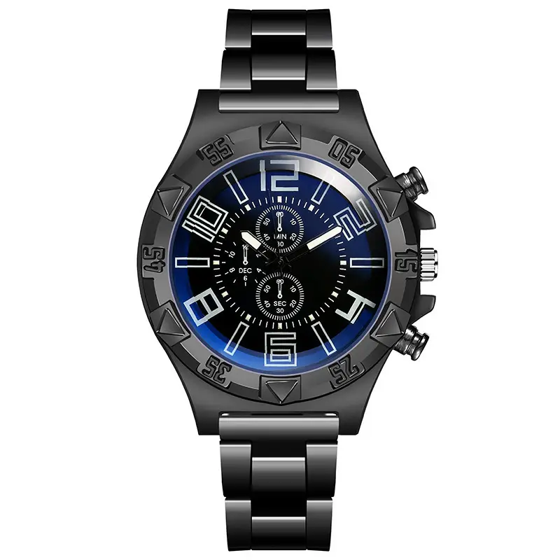 Men's Black Steel Chronograph Watch with Blue Light Dial - Image 5