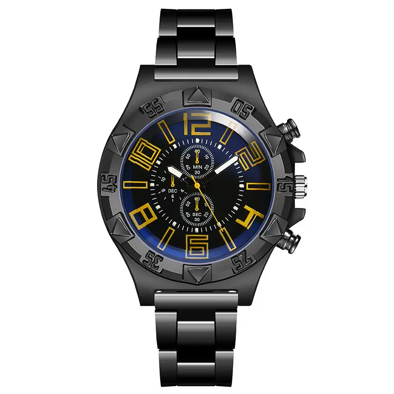 Men's Black Steel Chronograph Watch with Blue Light Dial - Image 6
