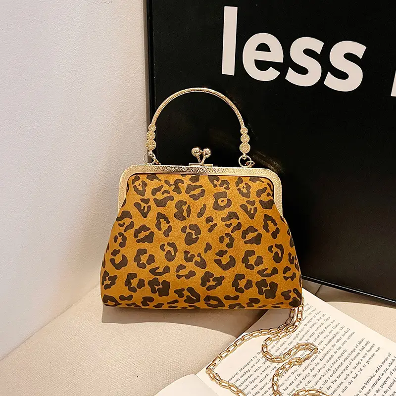 Black Textured Leather Handbag with Gold Chain & Leopard Print