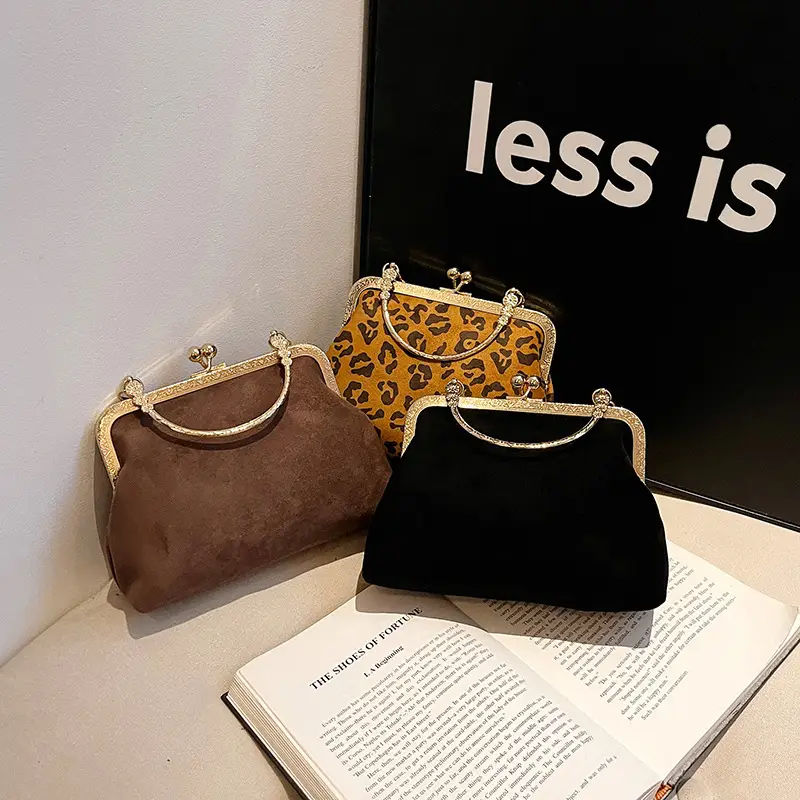 Black Textured Leather Handbag with Gold Chain & Leopard Print