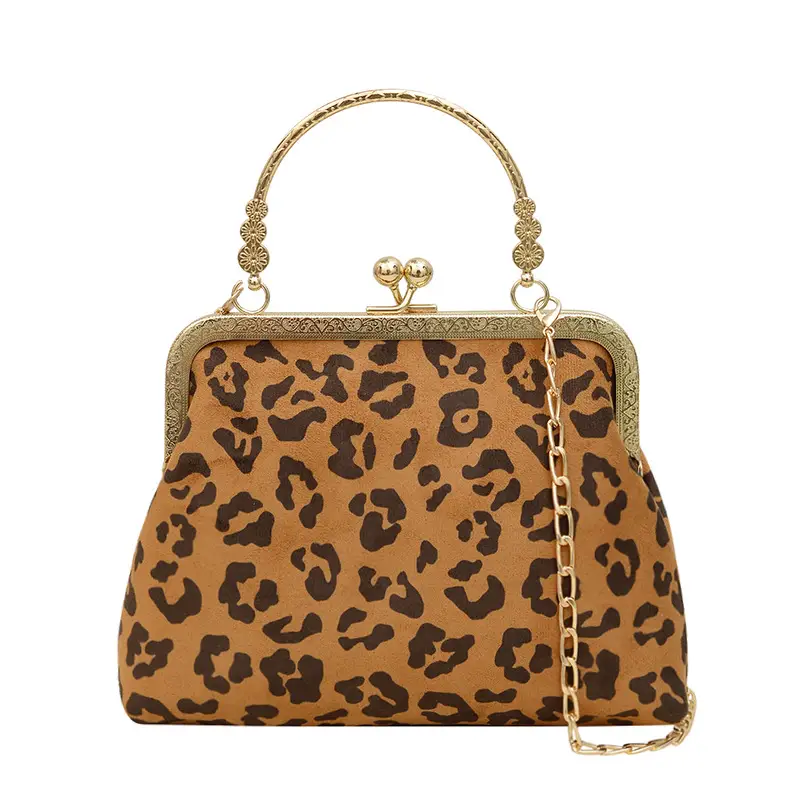 Black Textured Leather Handbag with Gold Chain & Leopard Print
