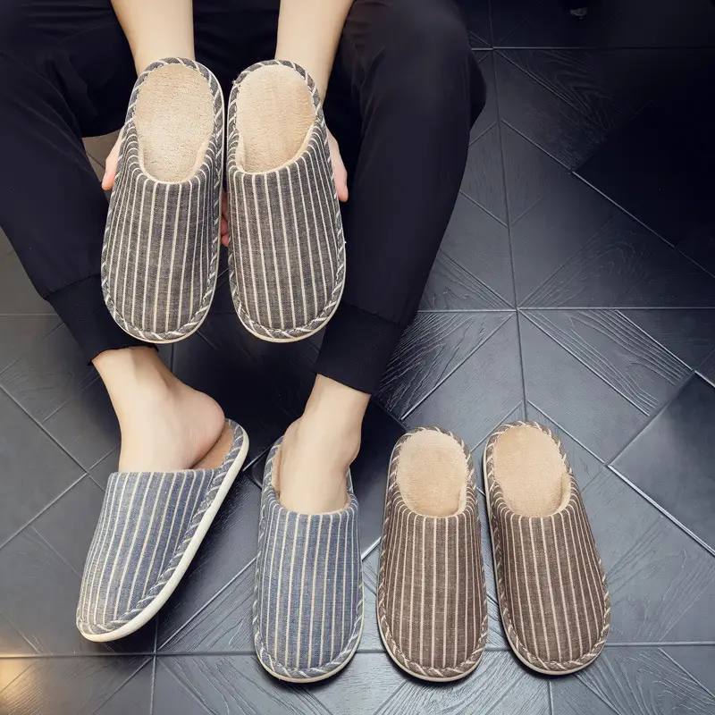 Autumn and Winter Indoor Cotton Slippers Thick Bottom Men's and Women's Home Couple Anti-Slip Sweat-Absorbing Striped Anti-Slip Winter Slippers Cotton Slippers - Image 6