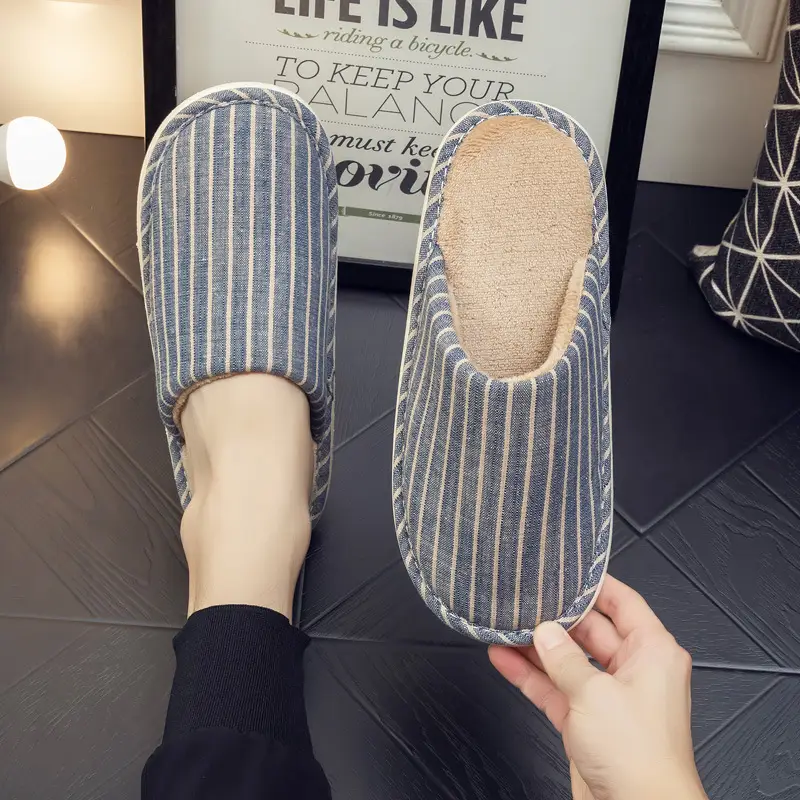 Autumn and Winter Indoor Cotton Slippers Thick Bottom Men's and Women's Home Couple Anti-Slip Sweat-Absorbing Striped Anti-Slip Winter Slippers Cotton Slippers - Image 4