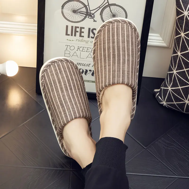 Autumn and Winter Indoor Cotton Slippers Thick Bottom Men's and Women's Home Couple Anti-Slip Sweat-Absorbing Striped Anti-Slip Winter Slippers Cotton Slippers - Image 7