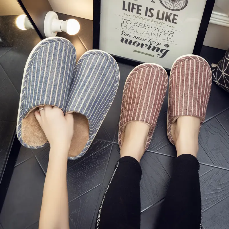 Autumn and Winter Indoor Cotton Slippers Thick Bottom Men's and Women's Home Couple Anti-Slip Sweat-Absorbing Striped Anti-Slip Winter Slippers Cotton Slippers - Image 8