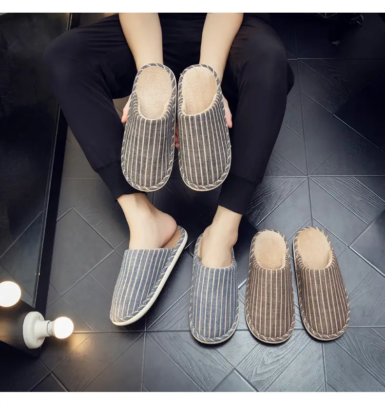 Autumn and Winter Indoor Cotton Slippers Thick Bottom Men's and Women's Home Couple Anti-Slip Sweat-Absorbing Striped Anti-Slip Winter Slippers Cotton Slippers — feature 15