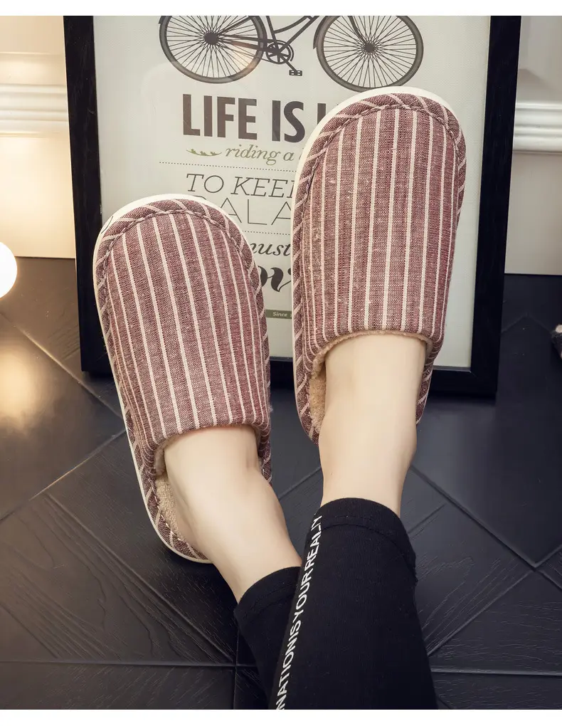 Autumn and Winter Indoor Cotton Slippers Thick Bottom Men's and Women's Home Couple Anti-Slip Sweat-Absorbing Striped Anti-Slip Winter Slippers Cotton Slippers — feature 16