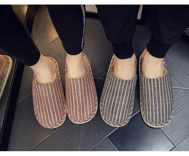Autumn and Winter Indoor Cotton Slippers Thick Bottom Men's and Women's Home Couple Anti-Slip Sweat-Absorbing Striped Anti-Slip Winter Slippers Cotton Slippers — feature 17