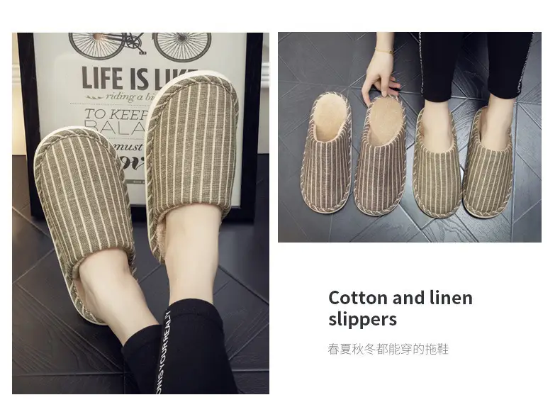 Autumn and Winter Indoor Cotton Slippers Thick Bottom Men's and Women's Home Couple Anti-Slip Sweat-Absorbing Striped Anti-Slip Winter Slippers Cotton Slippers — feature 18