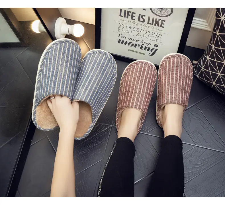 Autumn and Winter Indoor Cotton Slippers Thick Bottom Men's and Women's Home Couple Anti-Slip Sweat-Absorbing Striped Anti-Slip Winter Slippers Cotton Slippers — feature 19