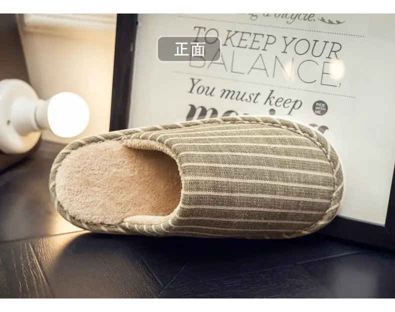 Autumn and Winter Indoor Cotton Slippers Thick Bottom Men's and Women's Home Couple Anti-Slip Sweat-Absorbing Striped Anti-Slip Winter Slippers Cotton Slippers — feature 5