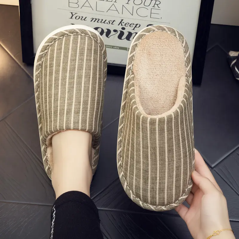 Autumn and Winter Indoor Cotton Slippers Thick Bottom Men's and Women's Home Couple Anti-Slip Sweat-Absorbing Striped Anti-Slip Winter Slippers Cotton Slippers - Image 2