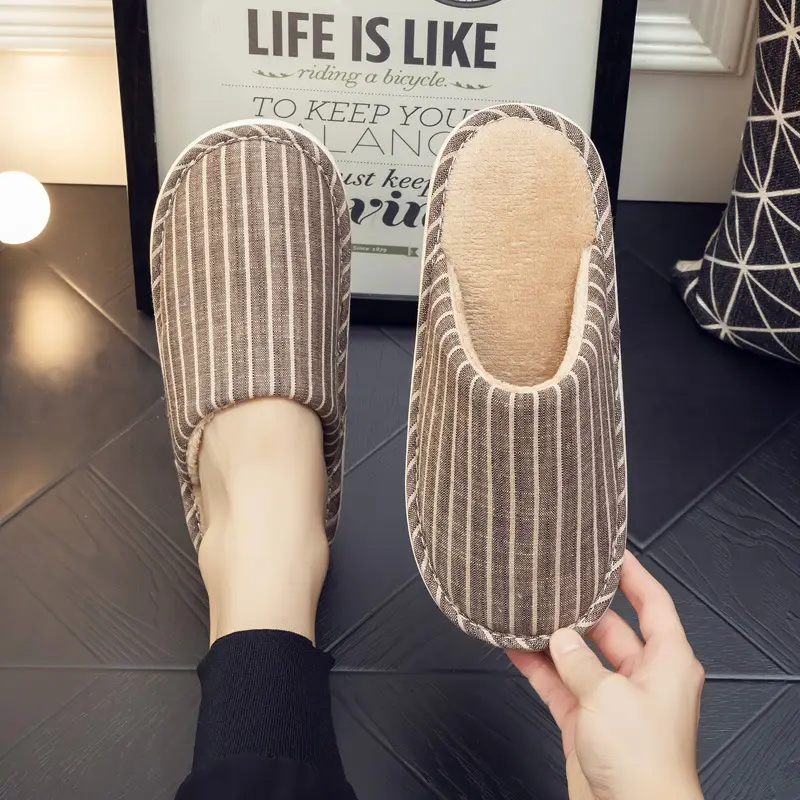 Autumn and Winter Indoor Cotton Slippers Thick Bottom Men's and Women's Home Couple Anti-Slip Sweat-Absorbing Striped Anti-Slip Winter Slippers Cotton Slippers - Image 3