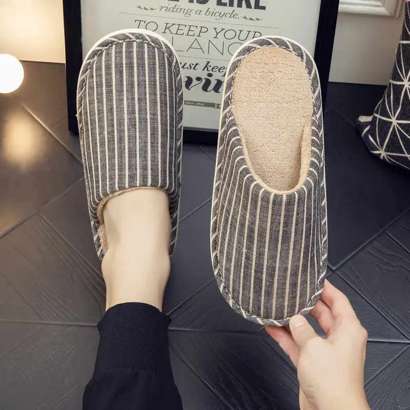 Autumn and Winter Indoor Cotton Slippers Thick Bottom Men's and Women's Home Couple Anti-Slip Sweat-Absorbing Striped Anti-Slip Winter Slippers Cotton Slippers - Image 5