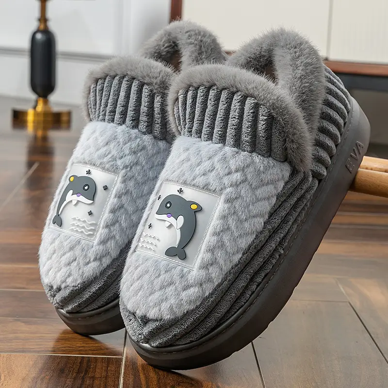 Men's cotton slippers winter plus size winter warm indoor home wool slippers non-slip simple couple cotton shoes women