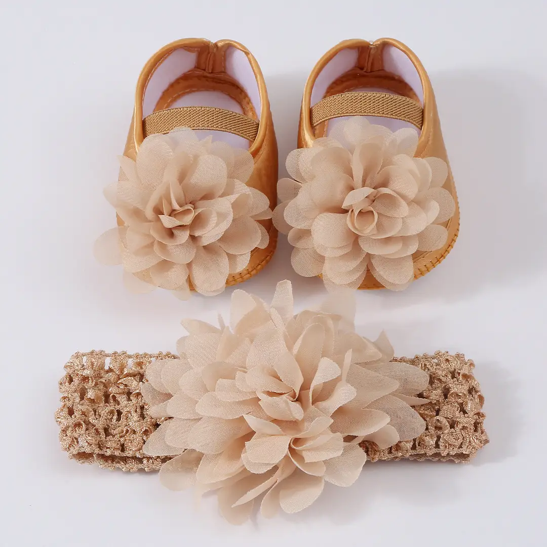 Big Flower Princess Shoes Hair Strap 0-6-12 Months Girls Princess Shoes Newborn Baby Shoes Soft Sole Baby Shoes Headwear