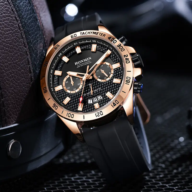Honmin Men's Chronograph Quartz Watch Rose Gold Black Strap - Image 6