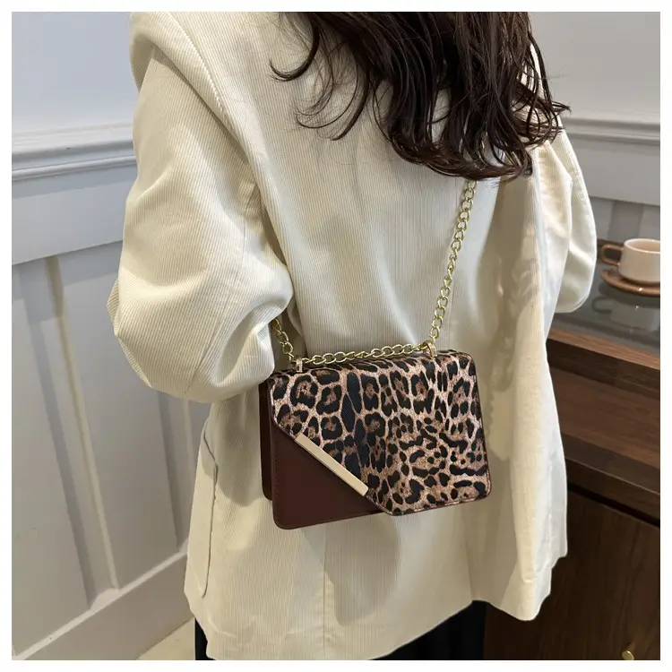 Leopard Print Chain Crossbody Bag for Women