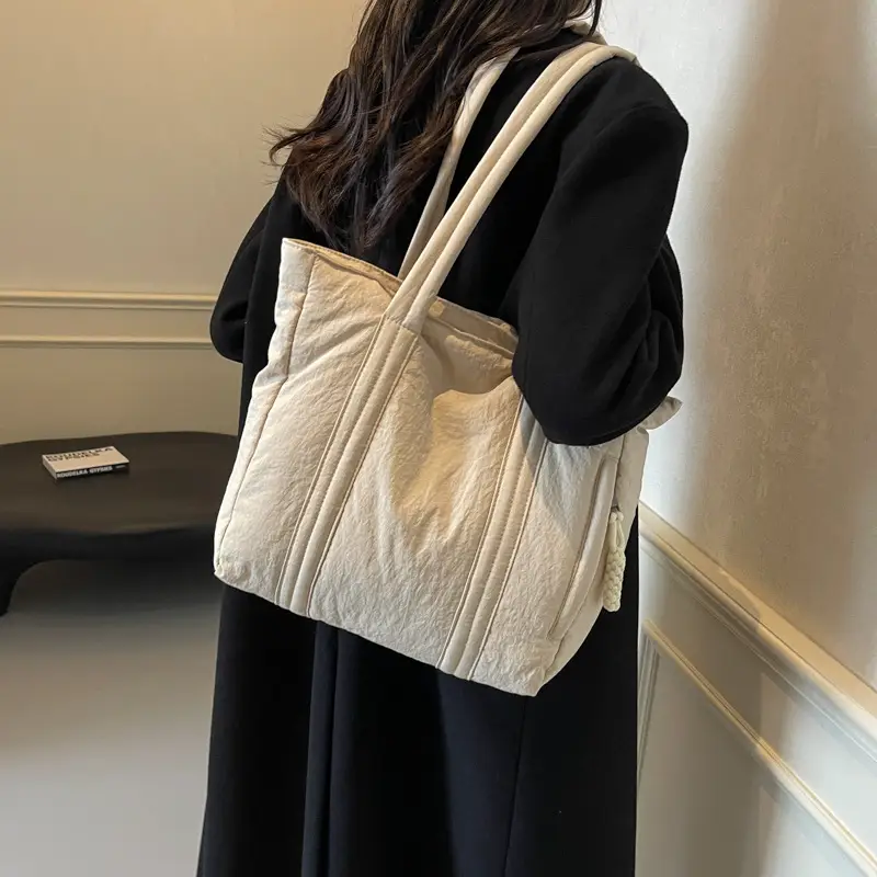 Multi-Pocket Zipper Commuter Tote Bag Beige Thick Nylon - Image 5
