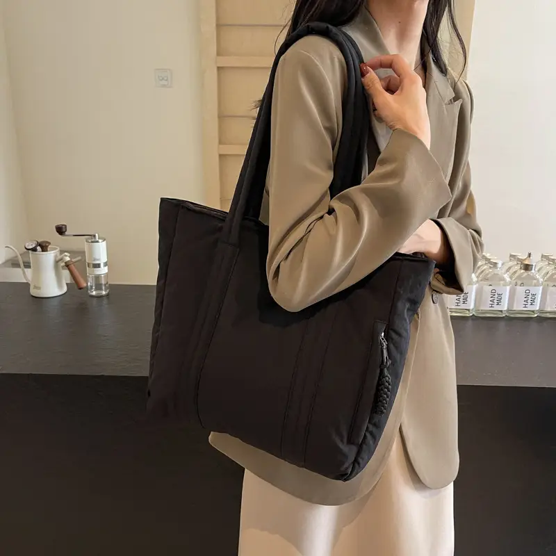 Multi-Pocket Zipper Commuter Tote Bag Beige Thick Nylon - Image 6