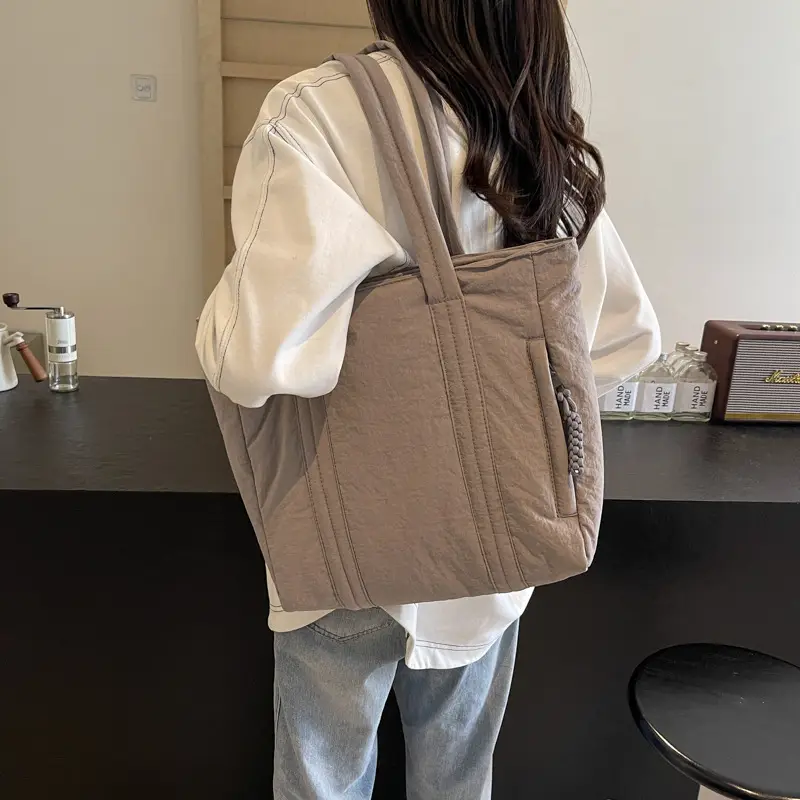 Multi-Pocket Zipper Commuter Tote Bag Beige Thick Nylon - Image 7