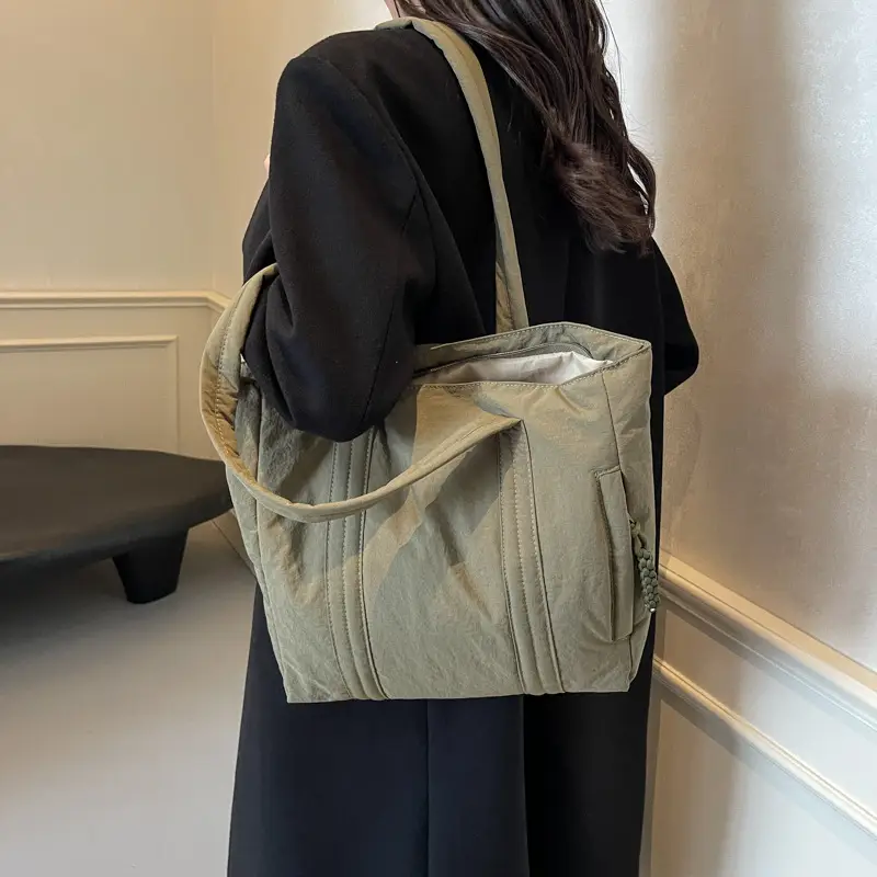 Multi-Pocket Zipper Commuter Tote Bag Beige Thick Nylon - Image 8