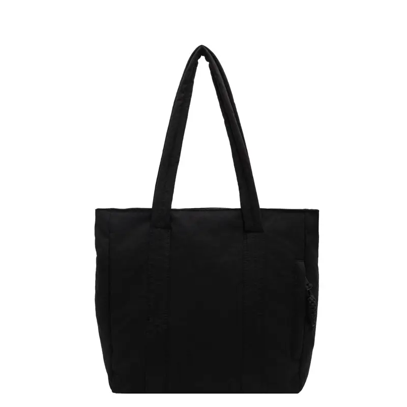 Multi-Pocket Zipper Commuter Tote Bag Beige Thick Nylon - Image 9