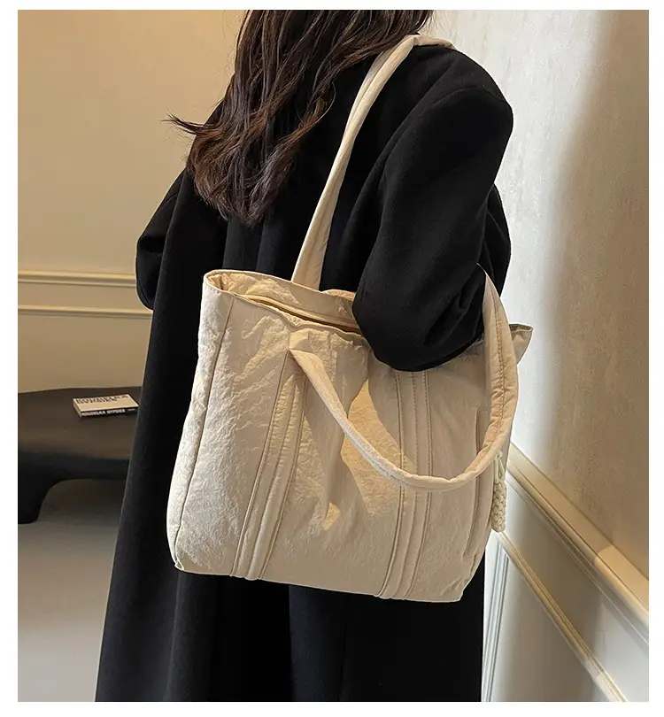 Multi-Pocket Zipper Commuter Tote Bag Beige Thick Nylon — feature 1
