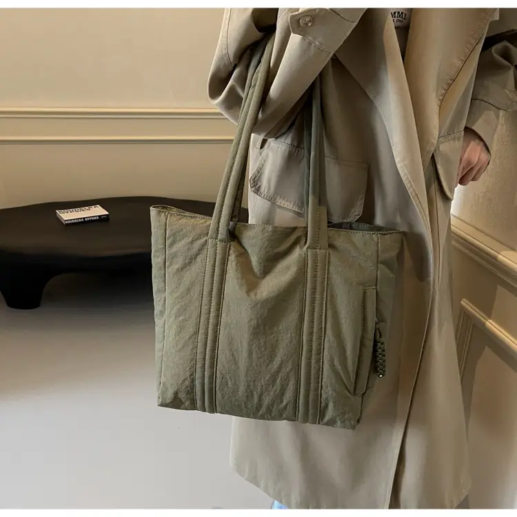 Multi-Pocket Zipper Commuter Tote Bag Beige Thick Nylon — feature 10