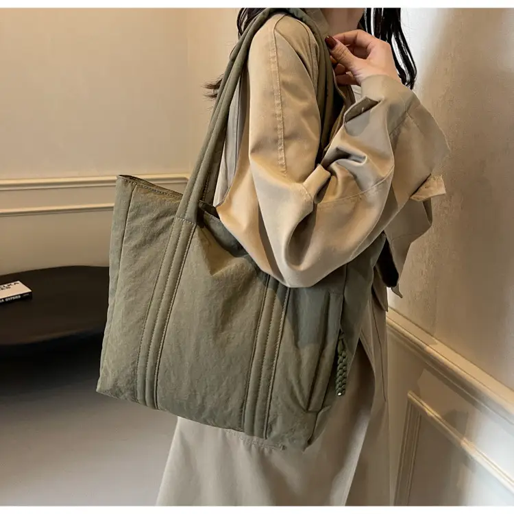 Multi-Pocket Zipper Commuter Tote Bag Beige Thick Nylon — feature 11