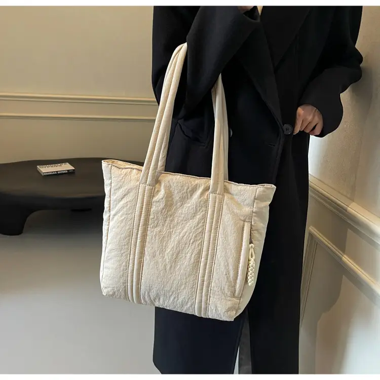 Multi-Pocket Zipper Commuter Tote Bag Beige Thick Nylon — feature 12