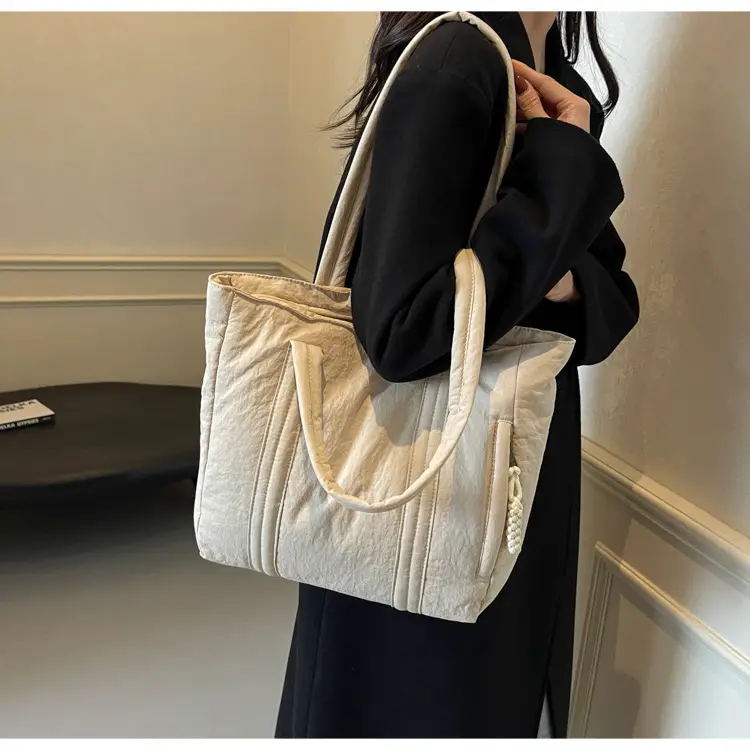 Multi-Pocket Zipper Commuter Tote Bag Beige Thick Nylon — feature 13