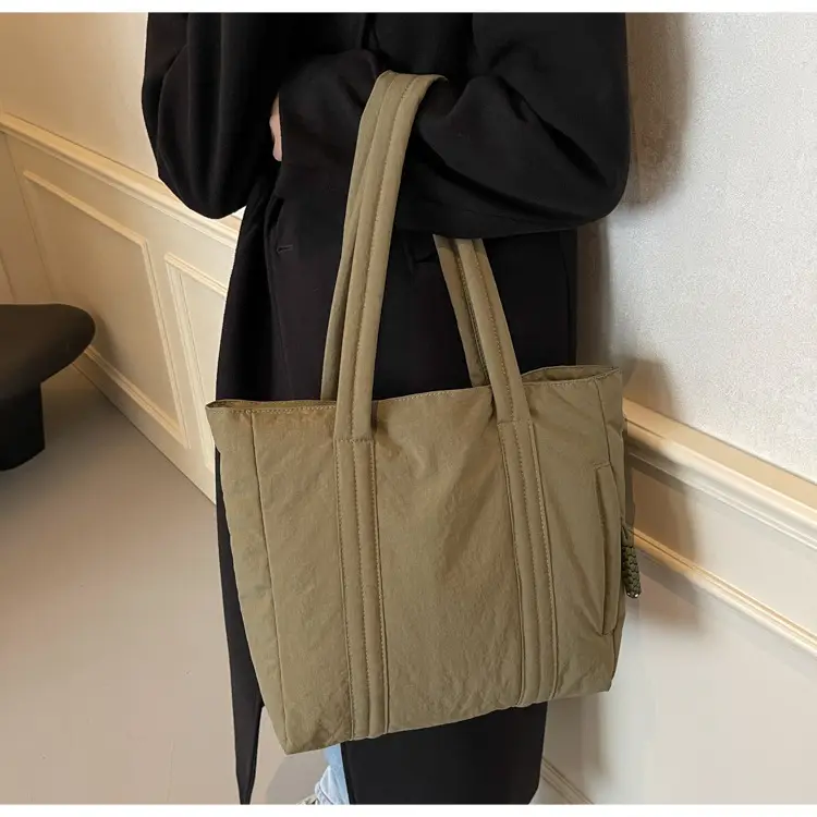 Multi-Pocket Zipper Commuter Tote Bag Beige Thick Nylon — feature 15
