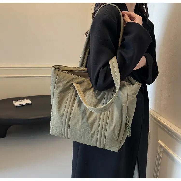 Multi-Pocket Zipper Commuter Tote Bag Beige Thick Nylon — feature 16