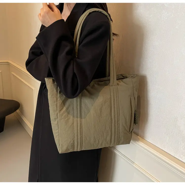 Multi-Pocket Zipper Commuter Tote Bag Beige Thick Nylon — feature 17