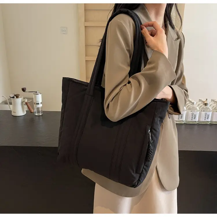 Multi-Pocket Zipper Commuter Tote Bag Beige Thick Nylon — feature 18