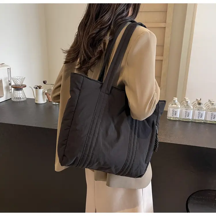 Multi-Pocket Zipper Commuter Tote Bag Beige Thick Nylon — feature 19