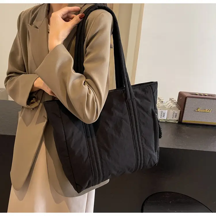 Multi-Pocket Zipper Commuter Tote Bag Beige Thick Nylon — feature 20