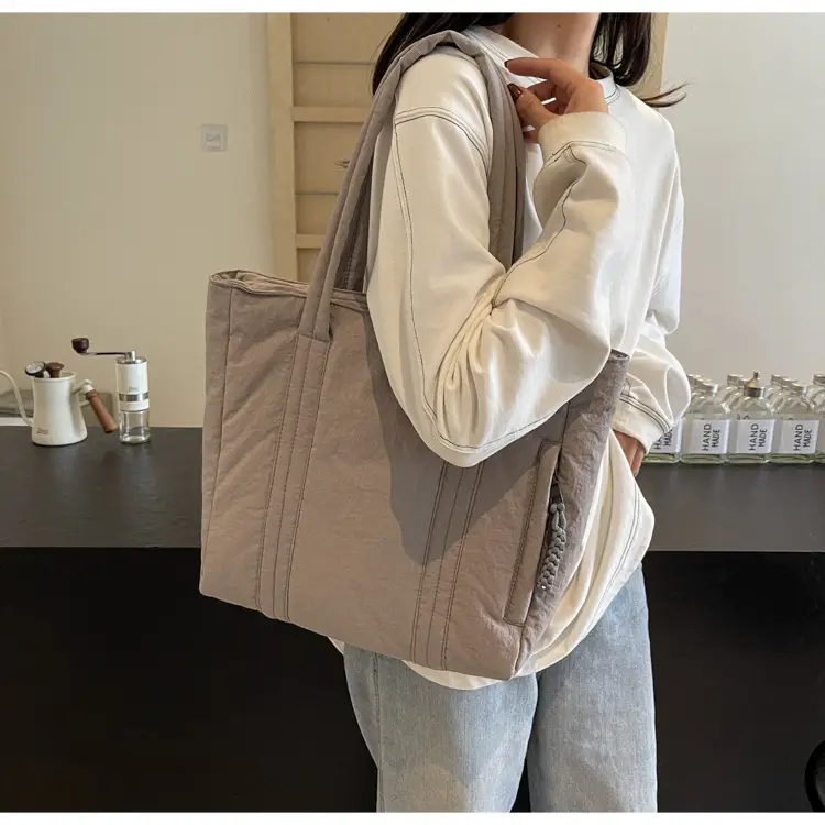 Multi-Pocket Zipper Commuter Tote Bag Beige Thick Nylon — feature 21