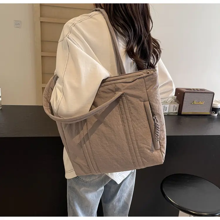Multi-Pocket Zipper Commuter Tote Bag Beige Thick Nylon — feature 23