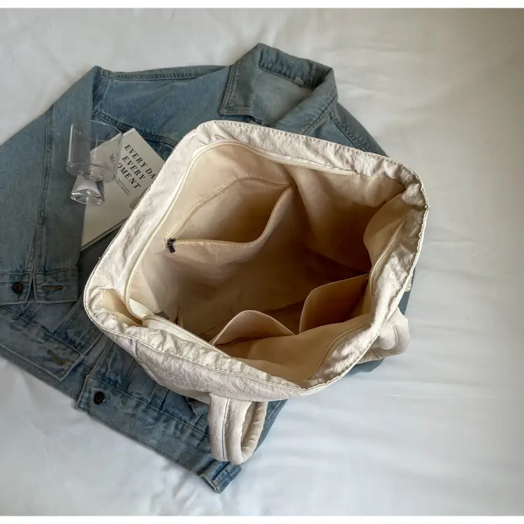 Multi-Pocket Zipper Commuter Tote Bag Beige Thick Nylon — feature 24