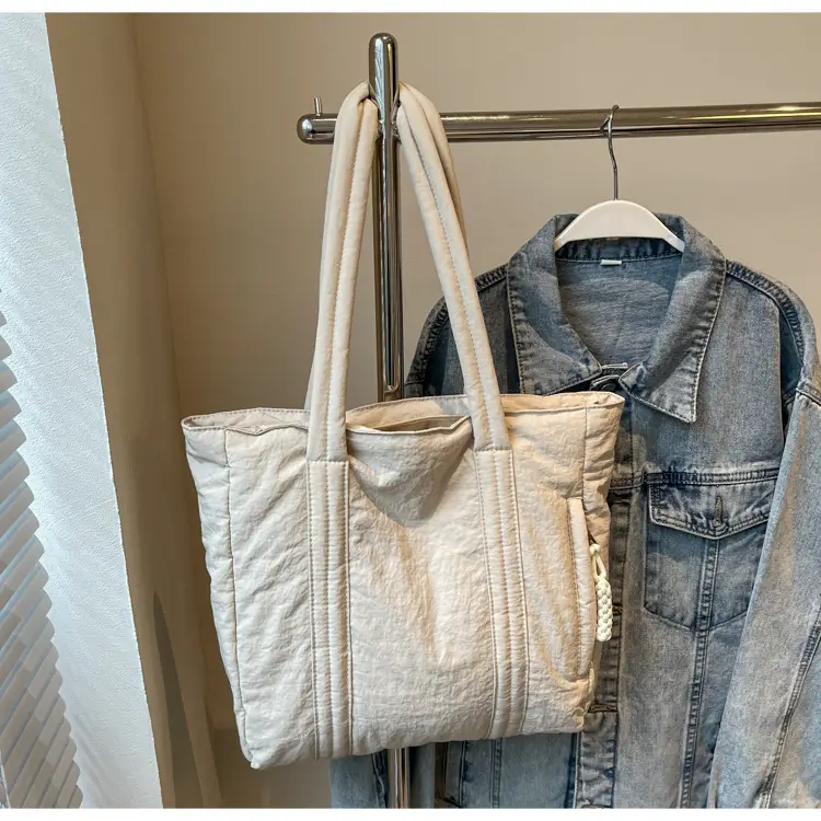 Multi-Pocket Zipper Commuter Tote Bag Beige Thick Nylon - Image 2