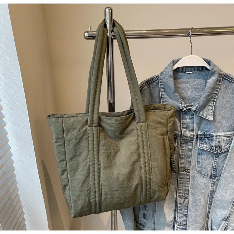 Multi-Pocket Zipper Commuter Tote Bag Beige Thick Nylon - Image 3