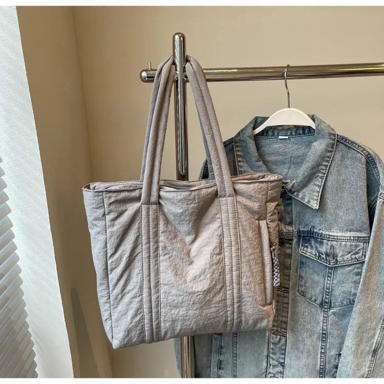 Multi-Pocket Zipper Commuter Tote Bag Beige Thick Nylon - Image 4