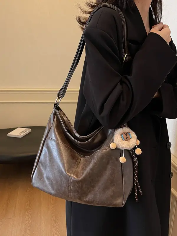 Women's Retro Brown Tote Bag with Crossbody Strap - Image 6